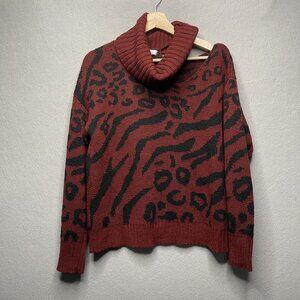 Womens Jason Maxwell Pullover Sweater Burgundy Animal Print Cowl Neck cold shoul